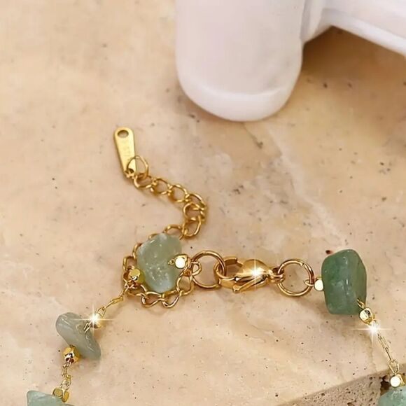 Green Natural Stone Beads Thin Chain Bohemian Style Handcrafted Chain Bracelet - Picture 3 of 6